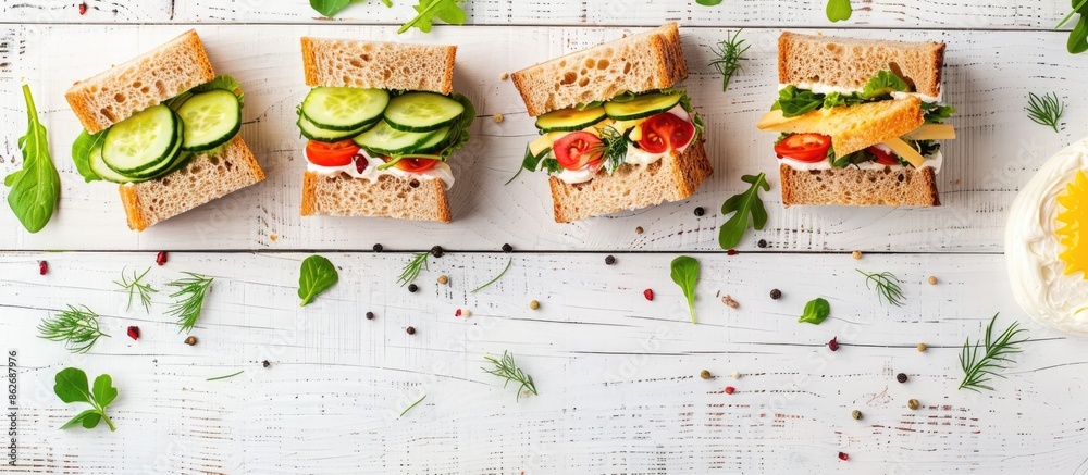 Poster Flat lay view of delicious sandwiches with butter and cucumber on a white wooden table, perfect for adding text in the copy space image.