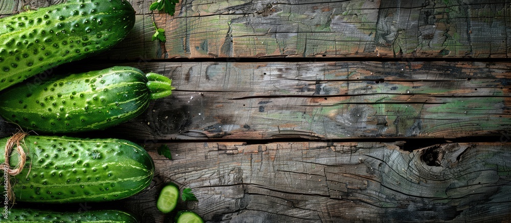 Leinwandbilder organic cucumbers creating a rustic vibe on a weathered wooden backdrop with copy space image.