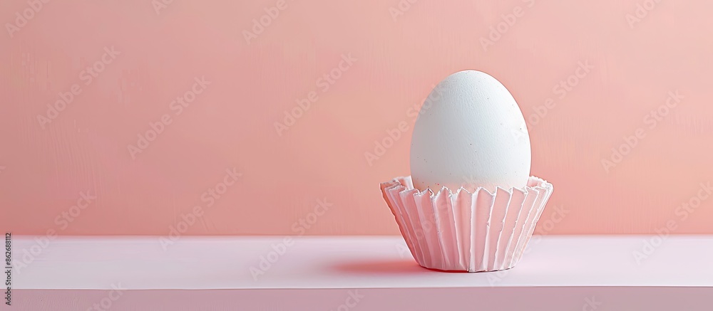 Aufkleber minimal easter-themed creative concept featuring a white egg in a paper baking cup against a pastel 
