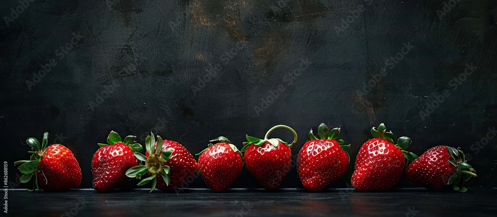 Aufkleber Red strawberries displayed on a dark textured background, creating a visually appetizing image with a black backdrop providing ample copy space for the fruit.