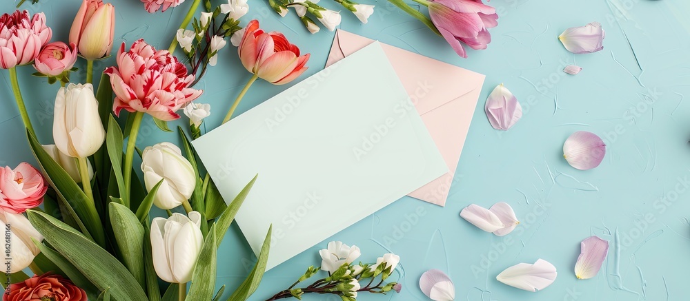 Poster spring-themed greeting card mockup featuring a flower arrangement, envelope, and copy space image fo