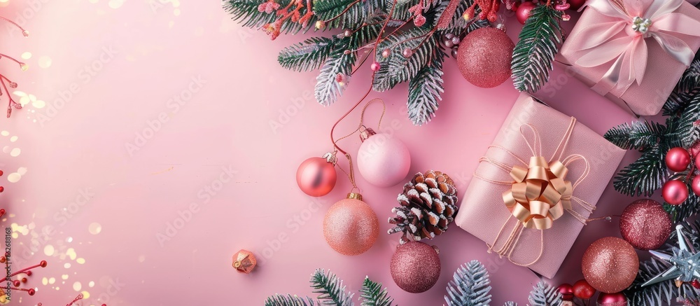 Poster colorful gift box and decorations displayed with a charming object on a pastel backdrop, perfect for