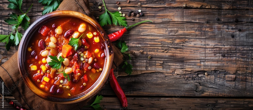 Poster A rustic bowl of tasty chili bean soup on a wooden background with ample copy space image.