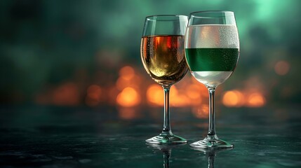 Two champagne glasses with a green and white flag, symbolizing celebration and national pride.

