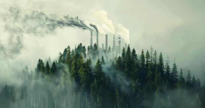 Trees emerging from smokestacks, merging industrial advancement with natural preservation. Carbon footprint reduction