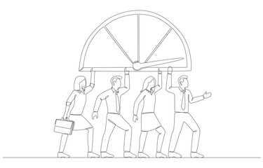 Continuous one line drawing of business people carrying performance gauge with pointer to maximum value, maximizing efficiency of business team concept, single line art.
