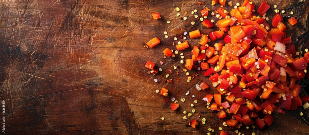 Poster View from above showing a scattering of chopped pepper on a wooden board with a close-up perspective and copy space image.