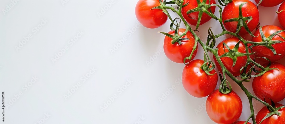 Poster organic tomatoes arranged on a white background with copy space image.
