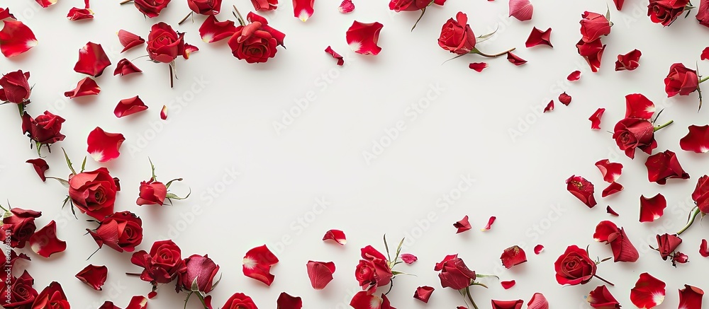 Leinwandbilder top-down view of a frame created from rose blossoms on a blank white backdrop, featuring a flat lay 