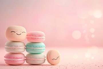 Fototapeta premium cute happy Smiling macarons character on pink pastel background, copy space