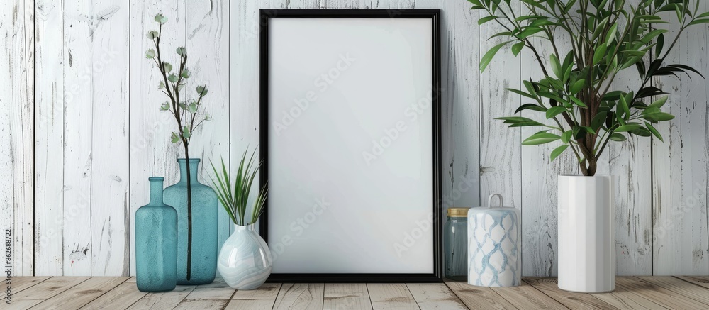 Aufkleber Portrait-oriented empty black frame mockup and vases positioned next to a wooden textured white wall displaying copy space image.