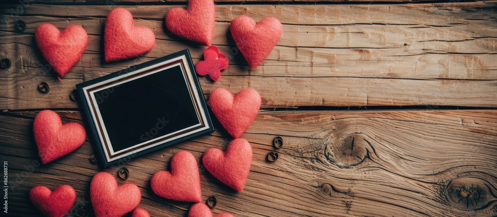 Poster On a wooden table, there is a charming display of a blank instant photo surrounded by heart shapes, creating a delightful copy space image.