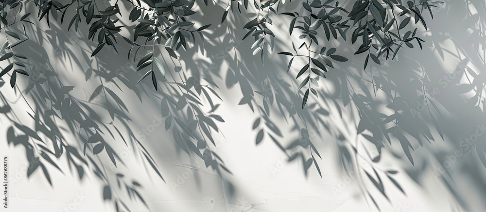Poster Blurry background featuring the abstract image of shadowy willow leaves on a white wall, ideal for adding text with copy space image.