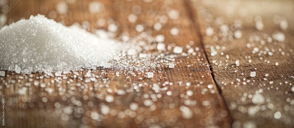 Aufkleber A close-up view of white sugar on a wooden table with selective focus and a designated area for additional images or text is available.