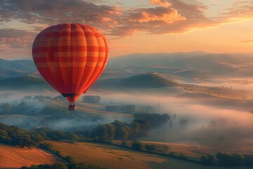 Obraz premium A majestic hot air balloon floating over a picturesque landscape of rolling hills and fields at dawn. 