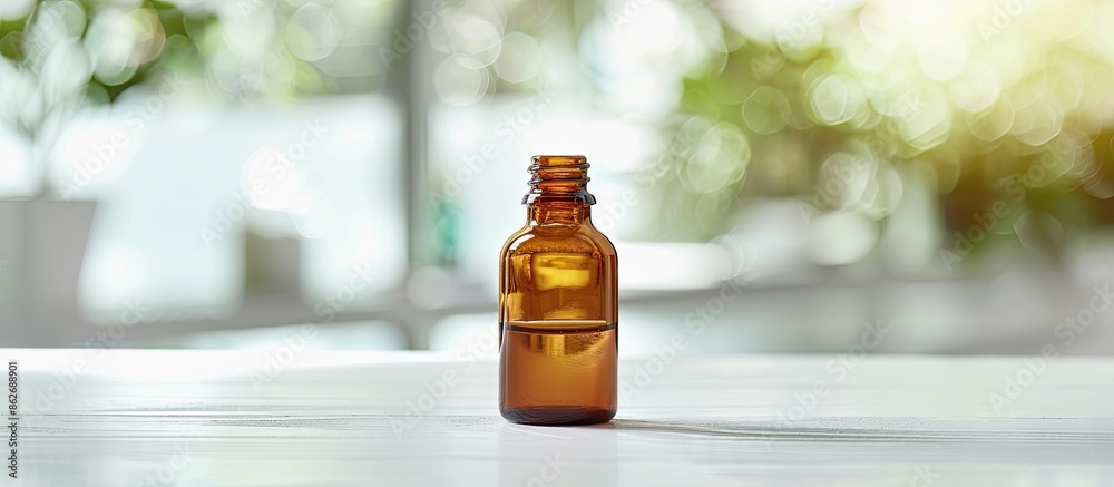 Poster medical drops bottle on a white wooden surface with a blurred background providing ample copy space 