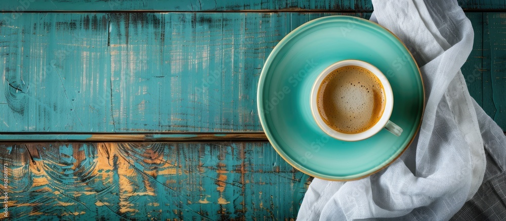 Aufkleber top view of a coffee cup, colored plate, and a white kitchen towel on a wooden surface, offering a s