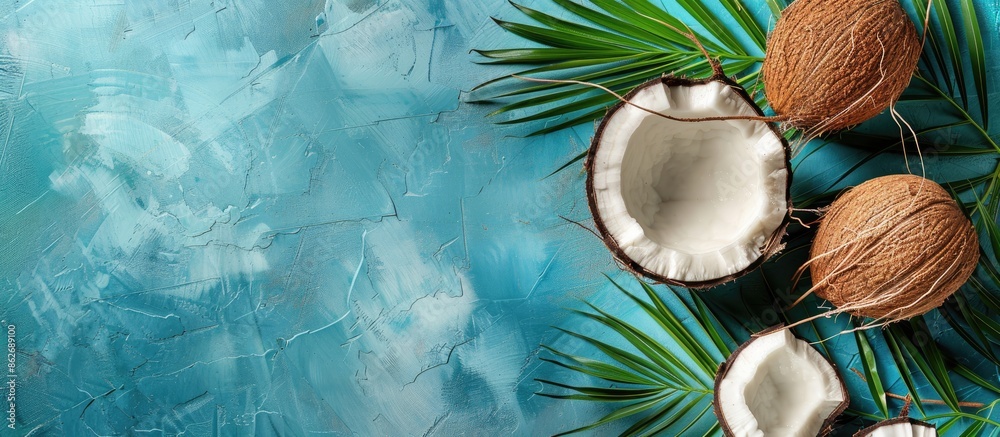 Poster Fresh coconut halves arranged on a blue table with a designated space for your design - copy space image.