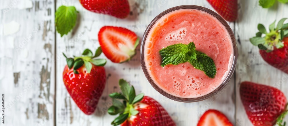 Poster strawberry fruit smoothie placed on a white wooden table, with a clear area perfect for adding text 
