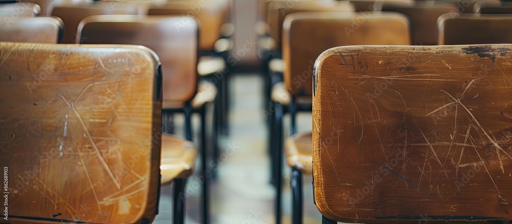 Poster Blurry background in school featuring vintage wooden lecture chairs for an educational theme with empty space for text or images. Copy space image. Place for adding text and design