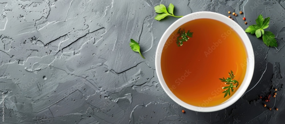 Poster a healthy food concept featuring a bowl of broth on a gray background captured from a top view with 