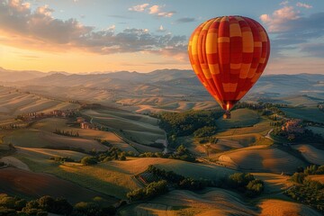 Obraz premium A majestic hot air balloon floating over a picturesque landscape of rolling hills and fields at dawn. 