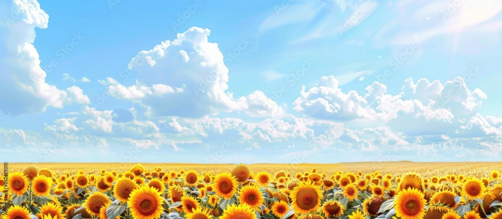 Poster vibrant sunflowers in full bloom in a vast field under a bright blue sky with fluffy white clouds, c