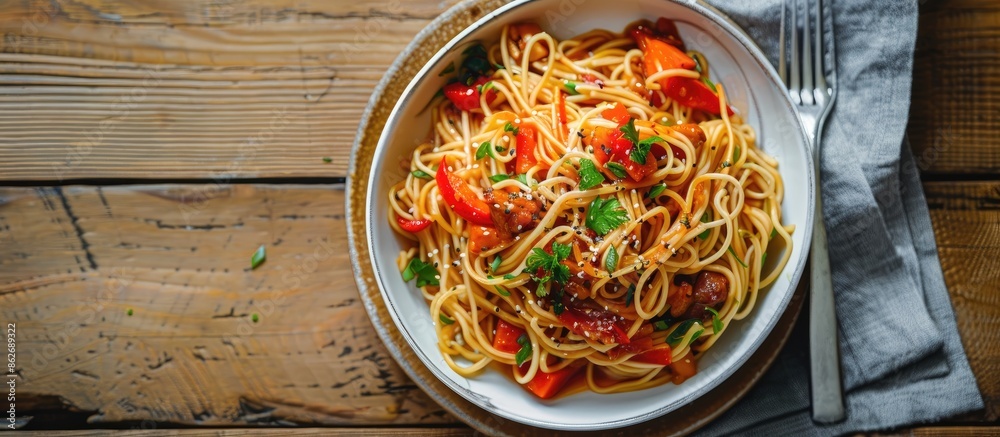 Poster top view of a plate of noodles with copy space image.