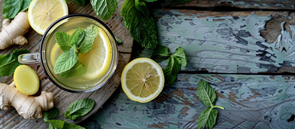 Poster top-down view of a hot drink combining mint, ginger, and lemon, set on a wooden surface, offering a 