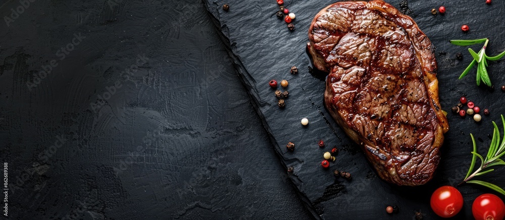 Aufkleber Top view of a grilled beef steak on a black stone table with enough space for additional content in the image.