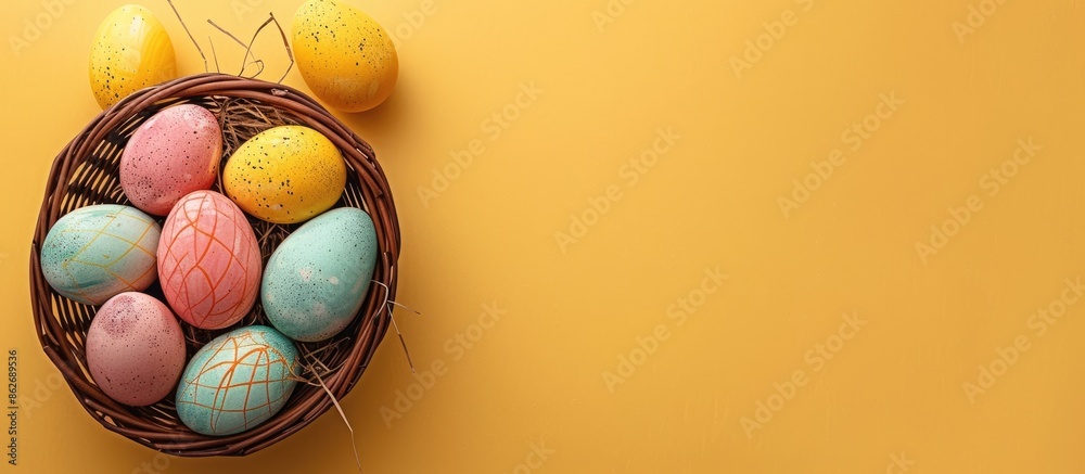 Poster Top view flat lay composition of Easter eggs in a basket on a yellow background, perfect for an Easter card with copy space image.