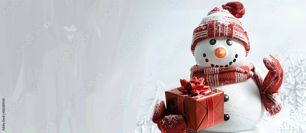 Fototapete a creative snowman holding a gift box, displayed on a white background with space for text or other 