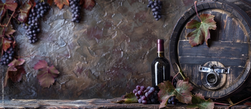 Poster An old wine barrel with a wine bottle, grapes, and vine leaves in front, creating a rustic scene for a potential copy space image.