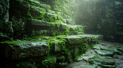 Stone steps in a mossy forest, sunlight filtering through the trees. A serene path amidst nature's beauty.

