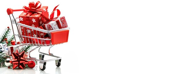 Shopping cart filled with gifts and purchases for the New Year on a white isolated background with copy space image.