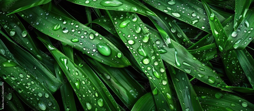 Poster close-up image of an exotic plant leaf with water drops, featuring a beautiful green grass texture w