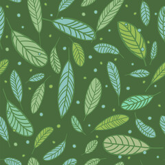 Simple leaf pattern. Vintage. Green background, green leaves ornament. Print suitable for textiles, banners and Wallpapers. Vector illustration