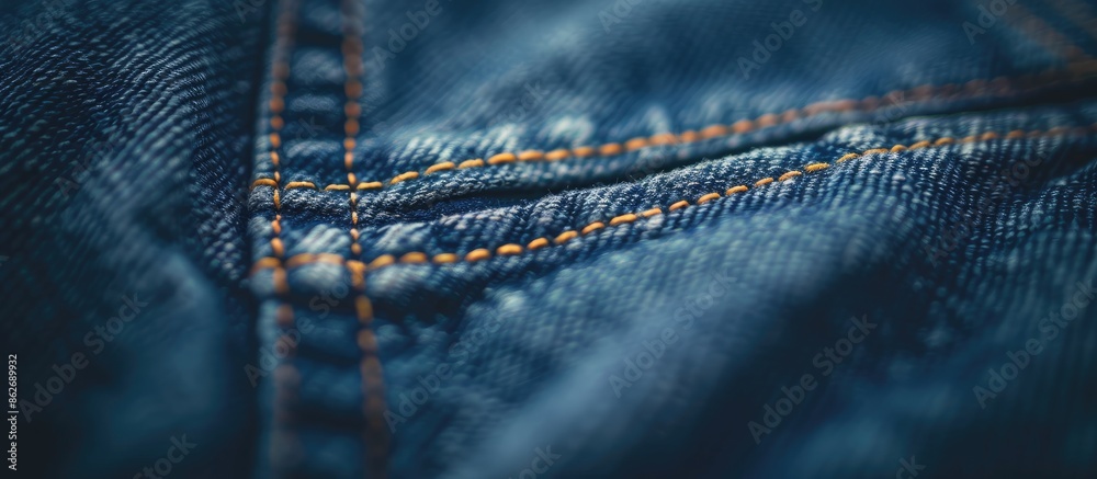 Poster blurry abstract close-up image of the texture of a blue denim jeans back pocket with copy space imag