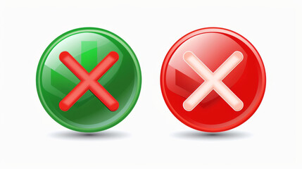 Obraz premium Green checkmark and red X icons. Isolated on white background. Simple marks graphic design. Symbols YES and NO button for vote, decision, website. Vector illustration