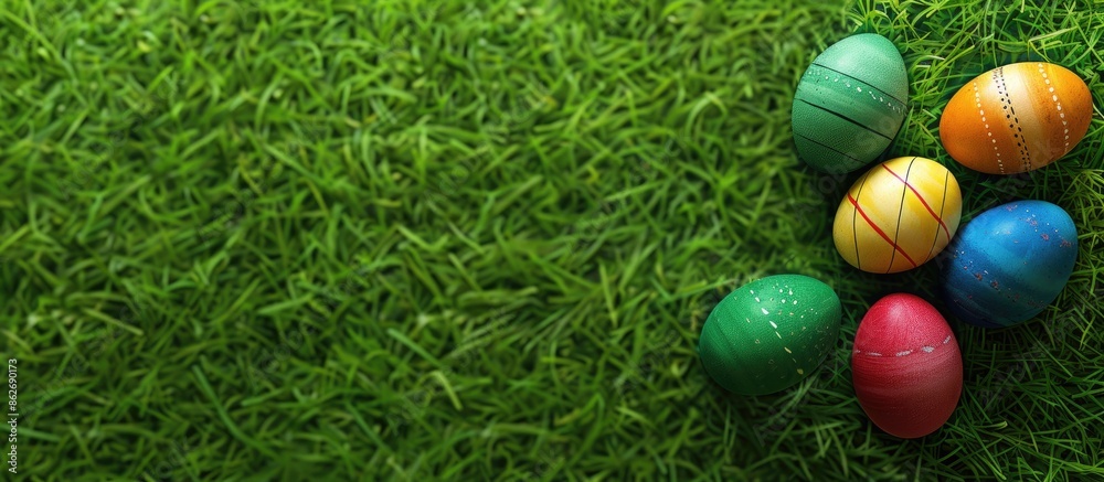Aufkleber Colorful Easter eggs displayed on a grassy background with room for text or other elements in the image, known as copy space.