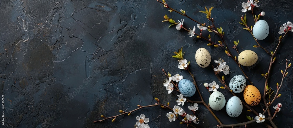 Poster Easter eggs nestle among blossoming branches against a dark backdrop with room for text or a picture. Copy space image. Place for adding text and design