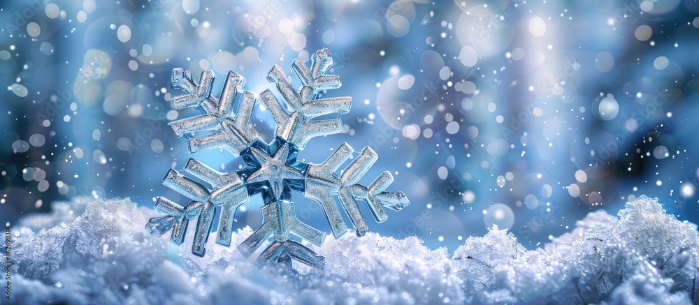Aufkleber blue winter theme with a large snowflake over a snowy forest setting, ideal for winter and new year'