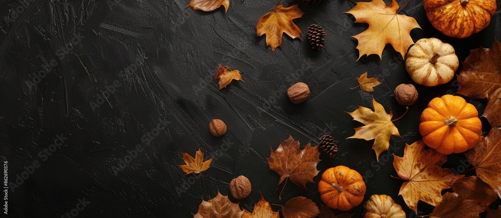 Poster flat lay top view of autumn-themed items like brown and gold leaves, pumpkins, on a dark black backg