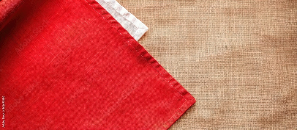 Poster Top-down view of a red kitchen napkin on a table. The cloth is folded for a mockup with a white area for text or an image, in a minimalist flat lay style. Copy space image