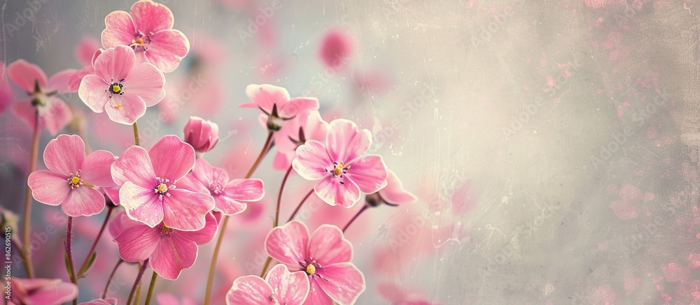 Poster a collage featuring pink forget-me-nots against a vintage background, creating a soft and pastel car