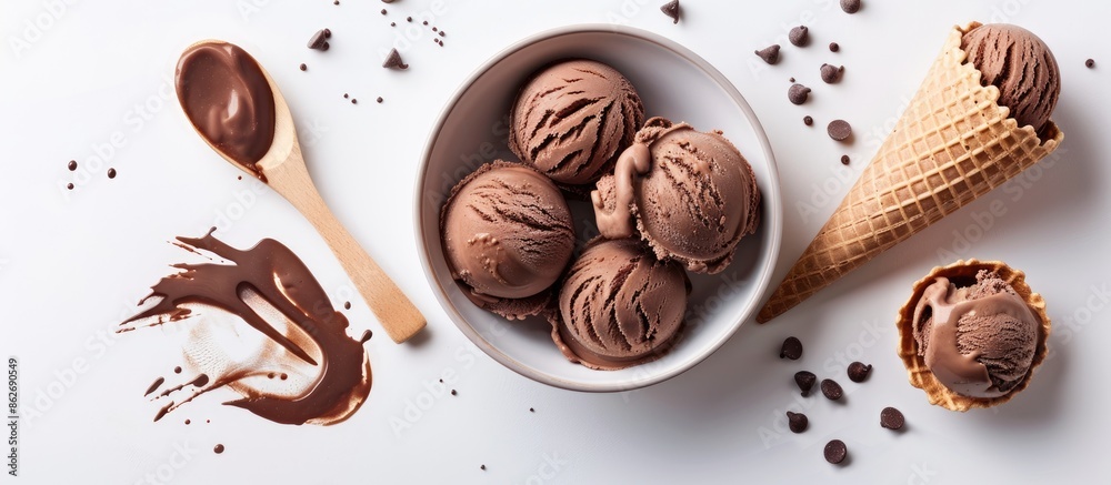 Poster chocolate ice cream in paper bowls with waffle cones and wooden spoons on a white background, presen