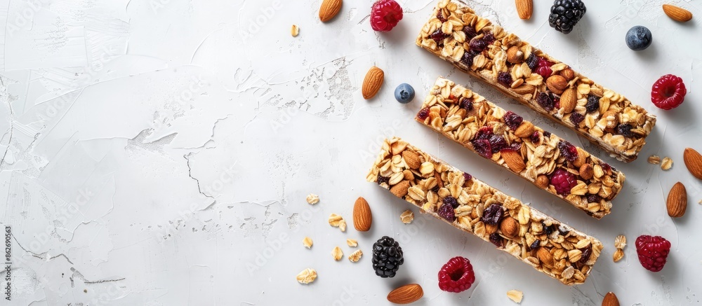 Poster top view copy space image of four cereal granola bars with nuts and fruit berries on a white stone t