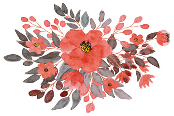 Watercolor red rose with green leaves bouquet collection. flowers, green leaves, for wedding decoration, greetings, wallpapers, backgrounds, textures. Watercolor rose flower bouquet decoration 