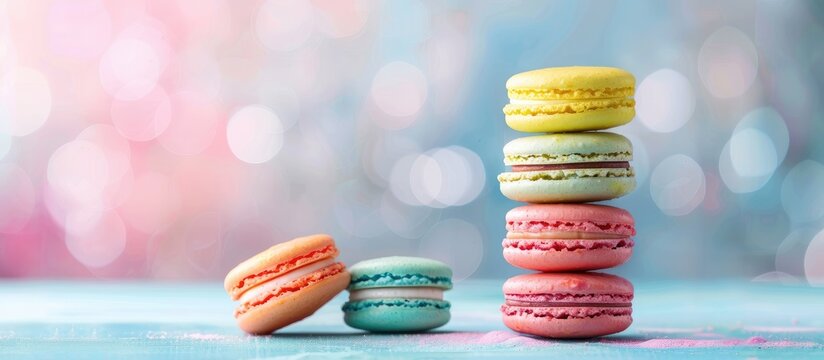 A close-up of pyramid-shaped colorful French macarons on a blue table with an abstract bright pastel background. Ideal for bakery or shop adverts. Includes copy space image.