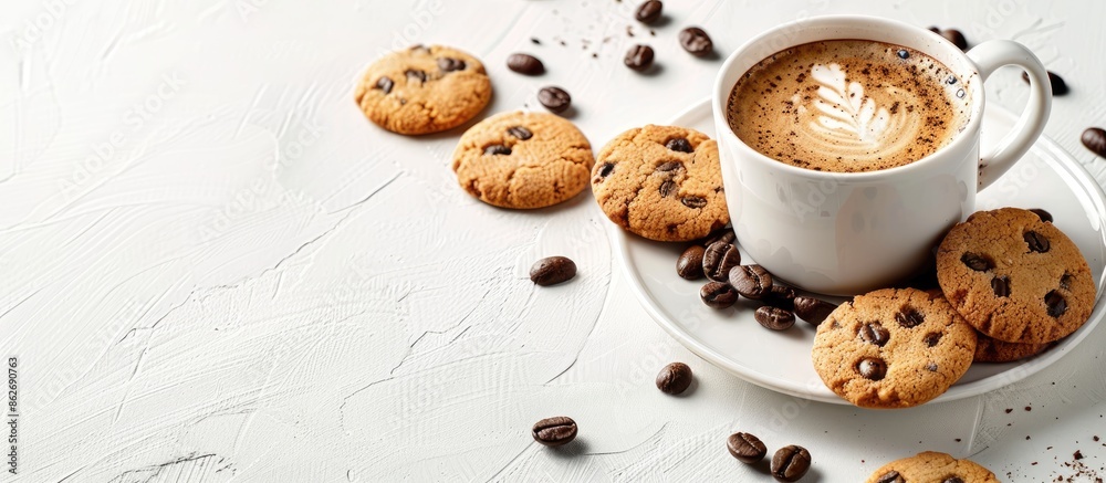 Aufkleber a visually pleasing scene with a cup of coffee and appetizing cookies arranged elegantly on a white 